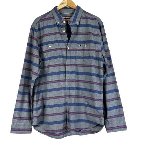 Tommy Hilfiger Button Down Shirt Mens XL Gray Blue Striped 100% Cotton Preppy - Picture 1 of 5